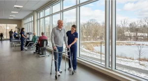 Recovering from Winter Injuries- Advanced Orthopedic Rehab in Wilton - Wilton Meadows Senior man performing physical therapy at Wilton Meadows rehab center near Ridgefield, CT.