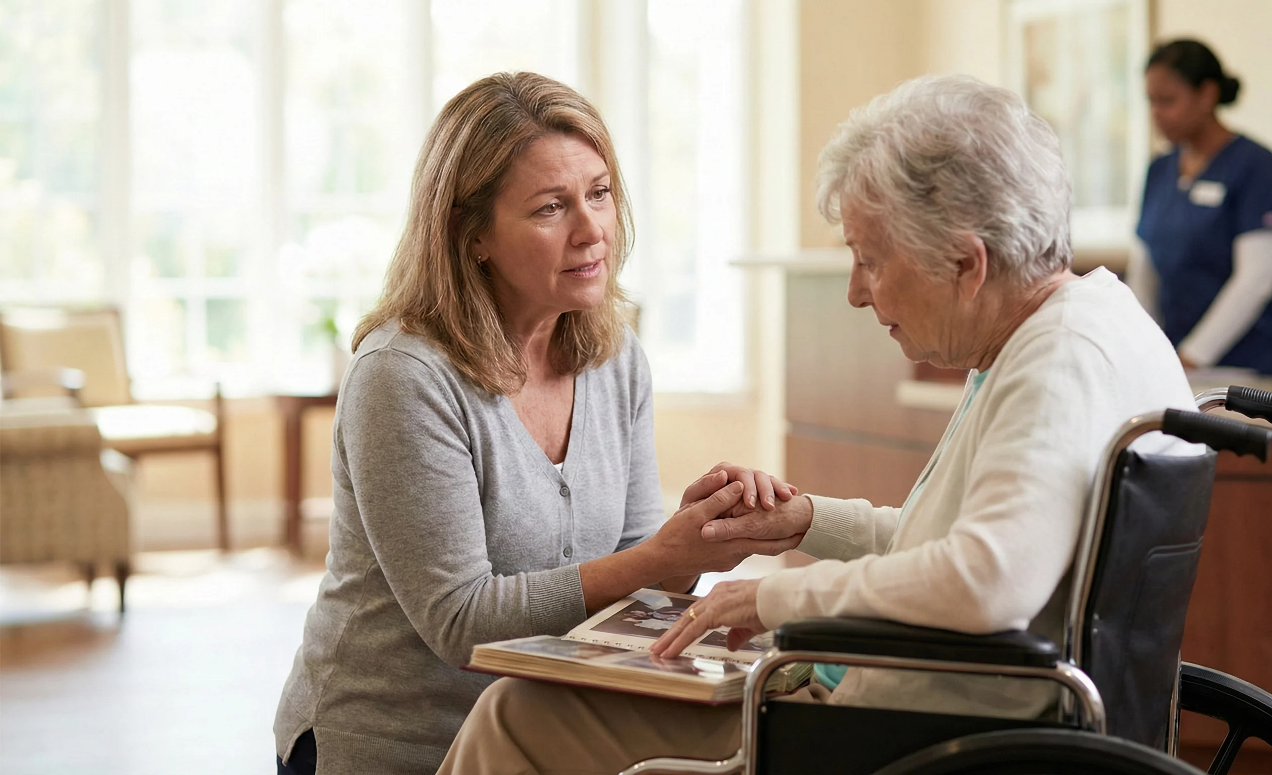 Senior woman and daughter discussing care options at Wilton Meadows skilled nursing in Wilton, CT.