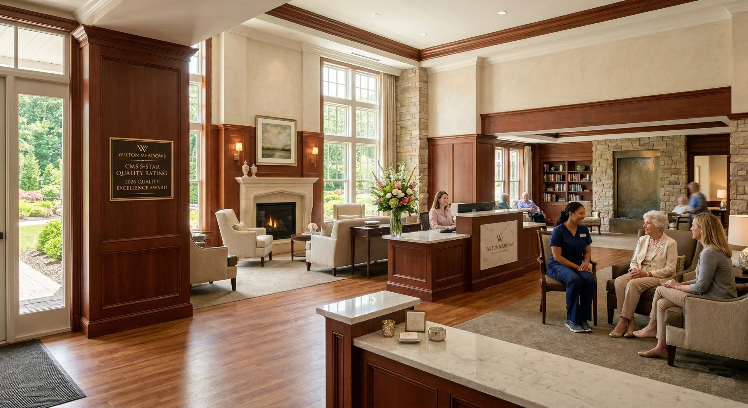 Hotel lobby interior with wood paneling, large windows, and a stone fireplace; guests sit and chat near the reception desk with a flower arrangement nearby.