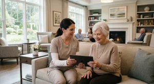 memorycarevsskilled - Wilton Meadows Professional caregiver assisting a resident in the advanced memory care unit at Wilton Meadows, Wilton, CT.