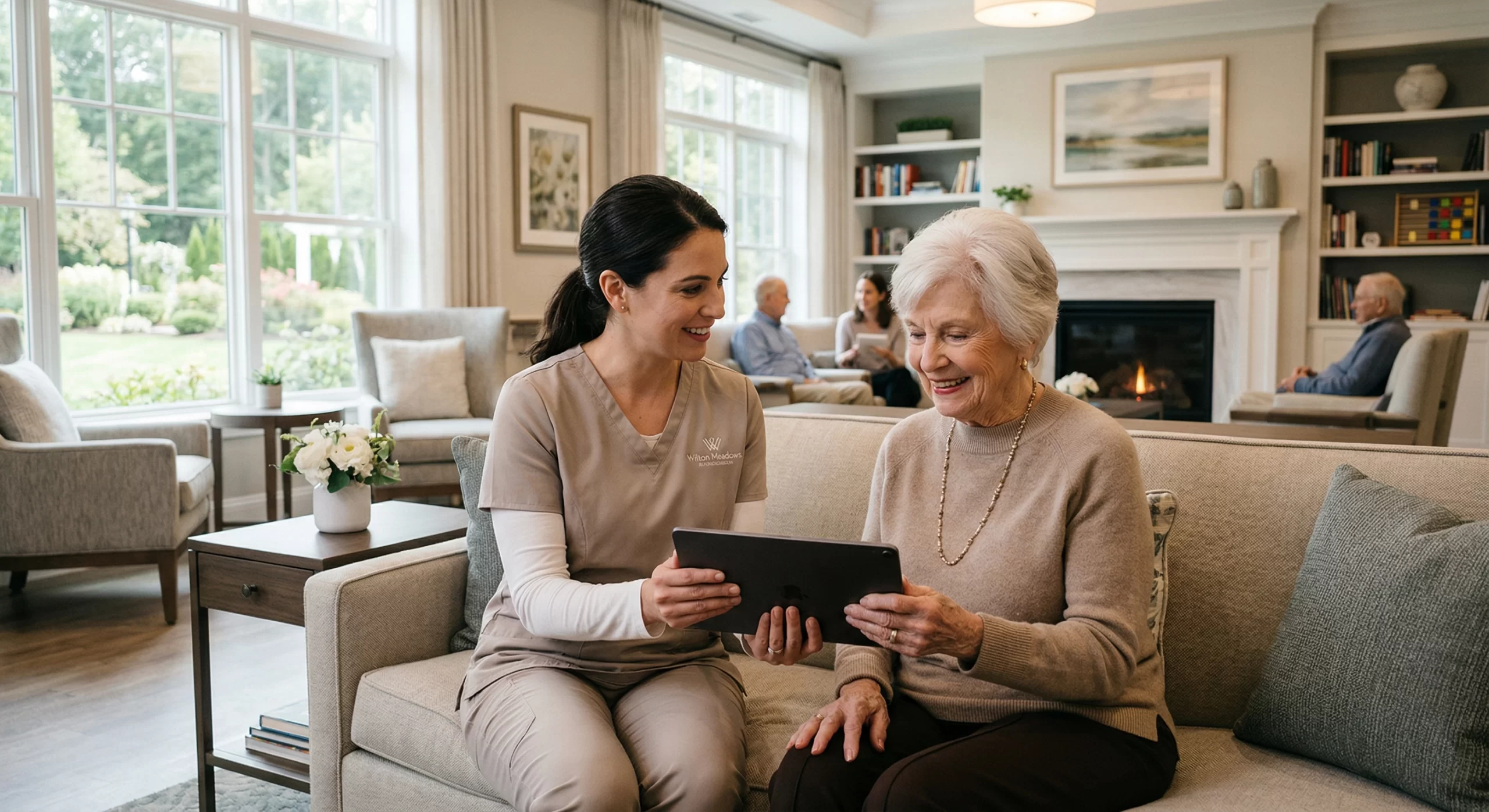 Professional caregiver assisting a resident in the advanced memory care unit at Wilton Meadows, Wilton, CT.