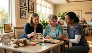 Gemini_Generated_Image_kpuhb1kpuhb1kpuh - Wilton Meadows Three women (an elderly resident and two caregivers) smile as they look through a photo album at a memory-care lounge.