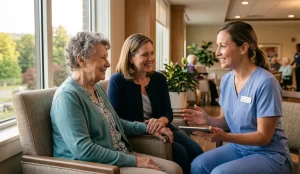 signal-2026-06-10-180234 - Wilton Meadows Nurse in blue scrubs talks with two elderly women in a sunny lounge, one holding a tablet and smiling.