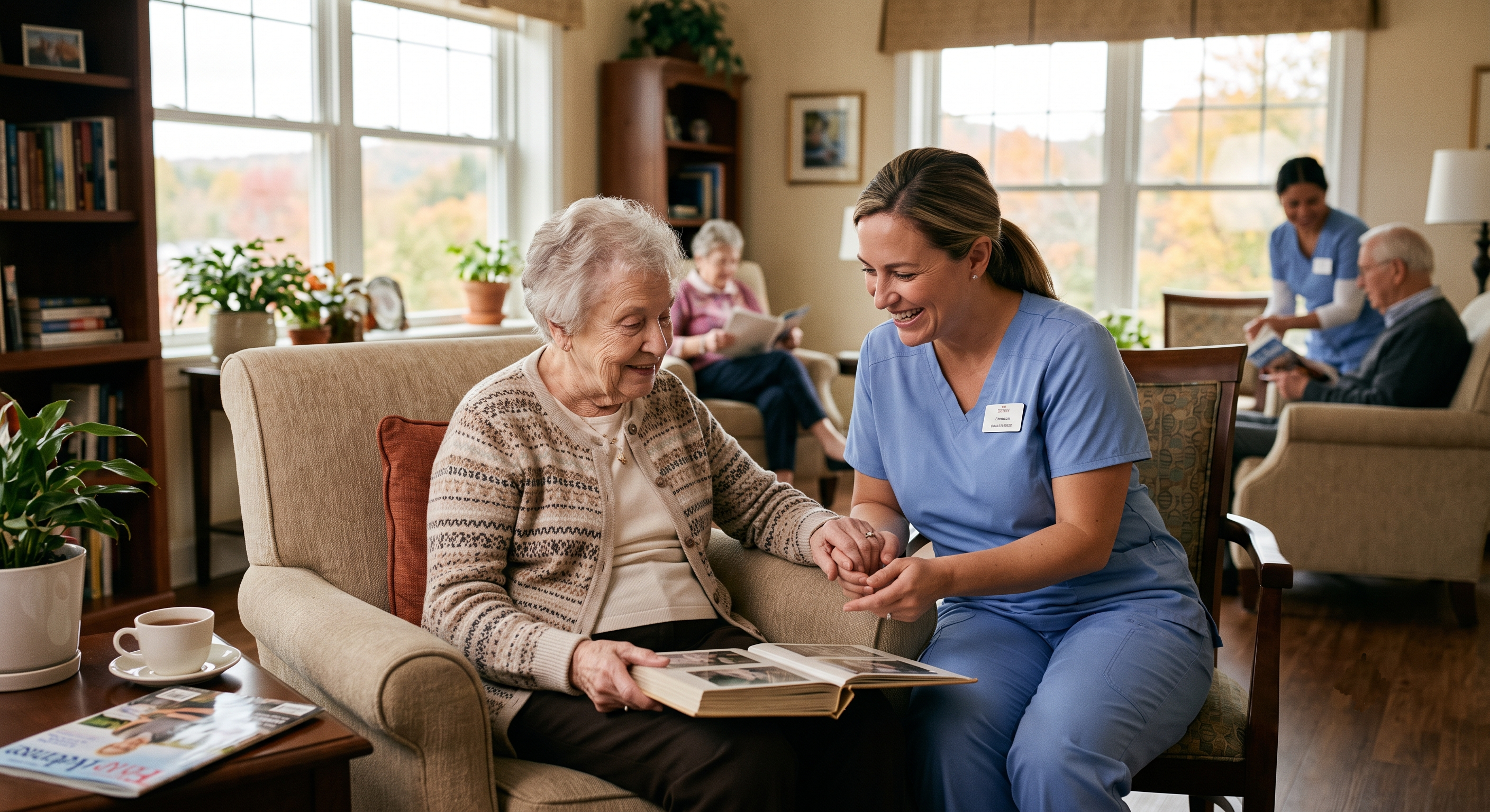 Nurse in blue scrubs helping an elderly woman look at a photo album in a sunlit living room.