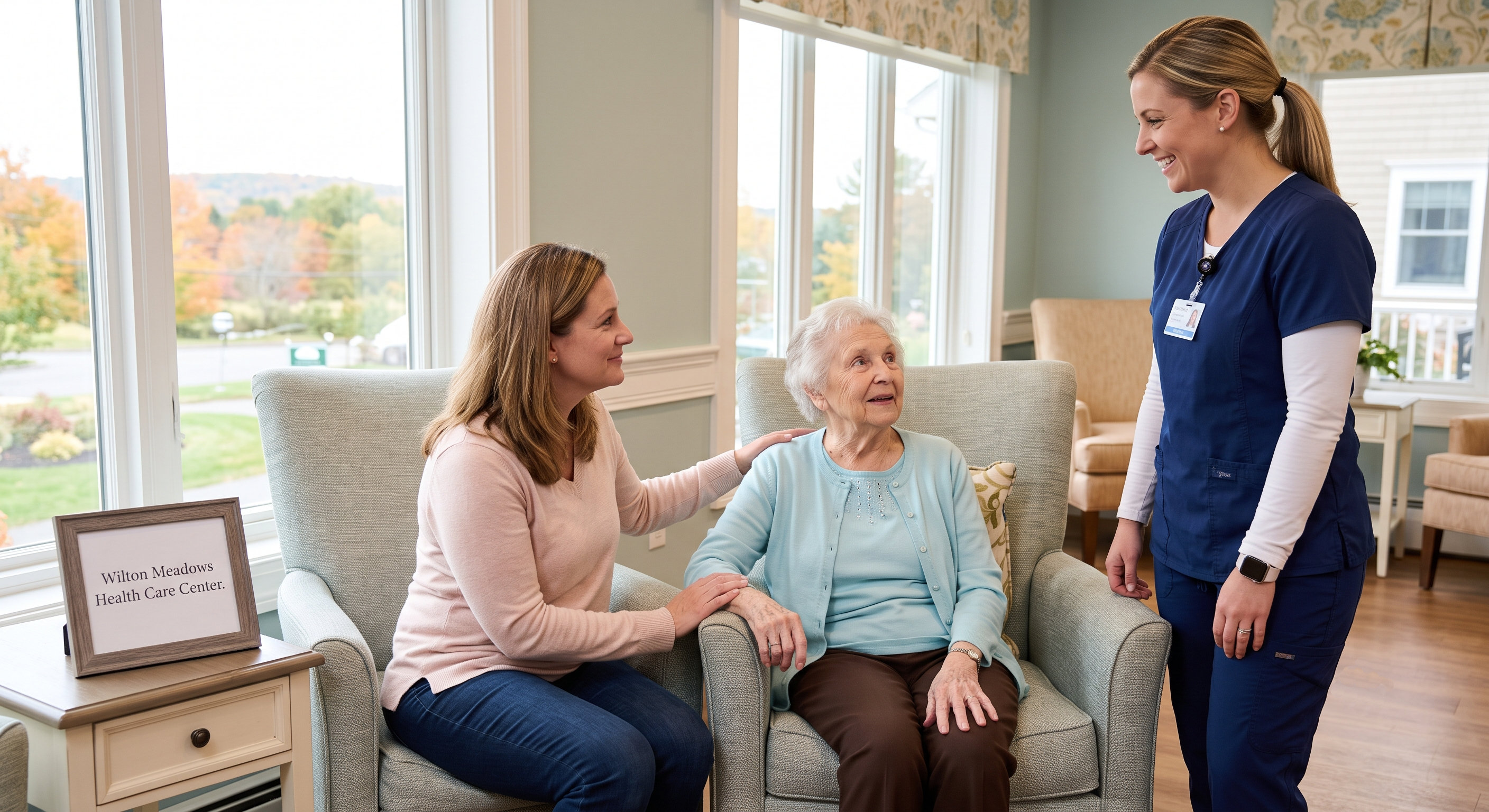 Nurse in blue scrubs smiles at an elderly woman sitting in a chair as a caregiver sits nearby in a bright clinic lounge.