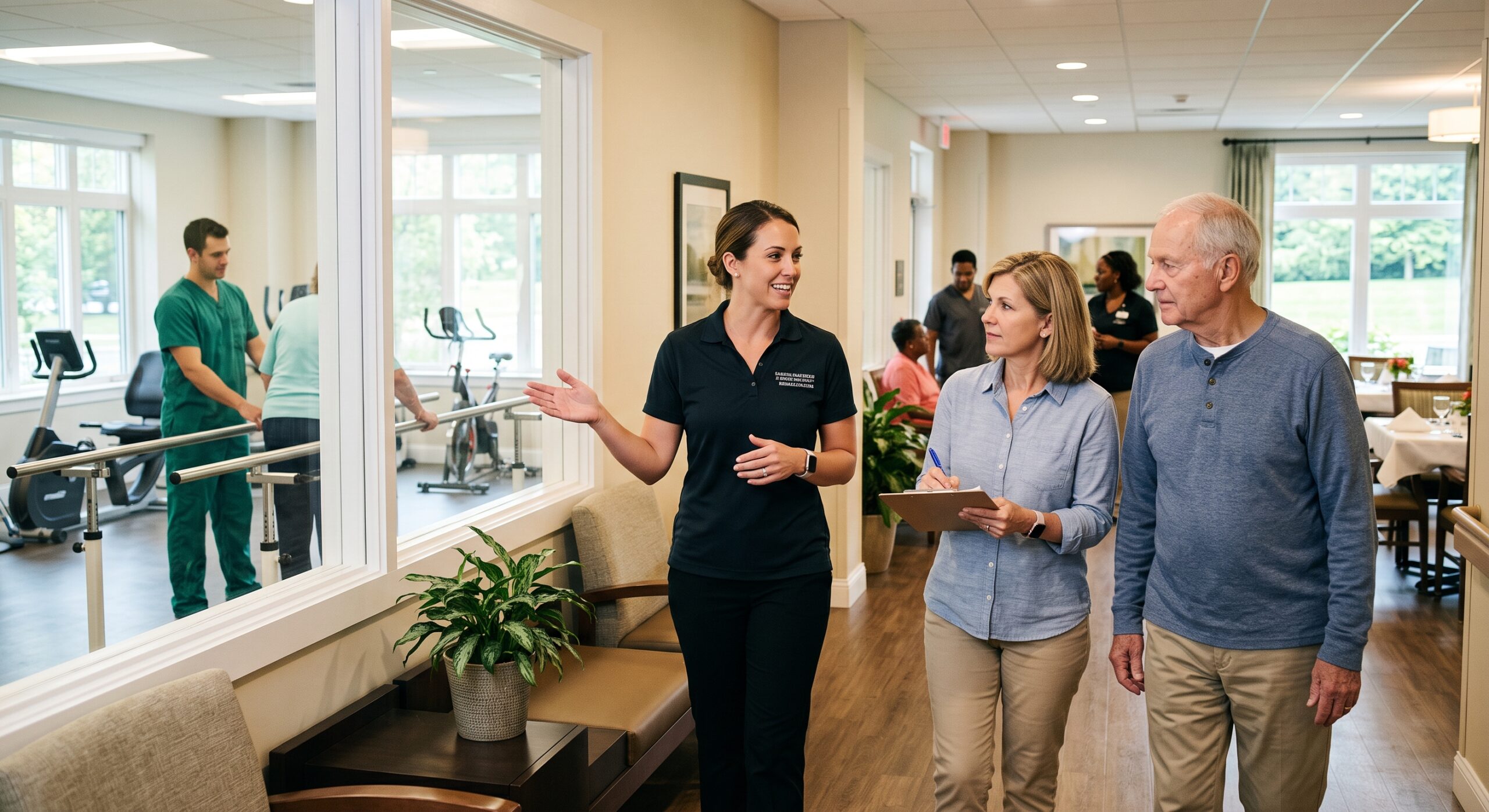 Therapist in dark polo explains care plan to a couple in a clinic hallway near a rehab gym with exercise equipment visible through windows
