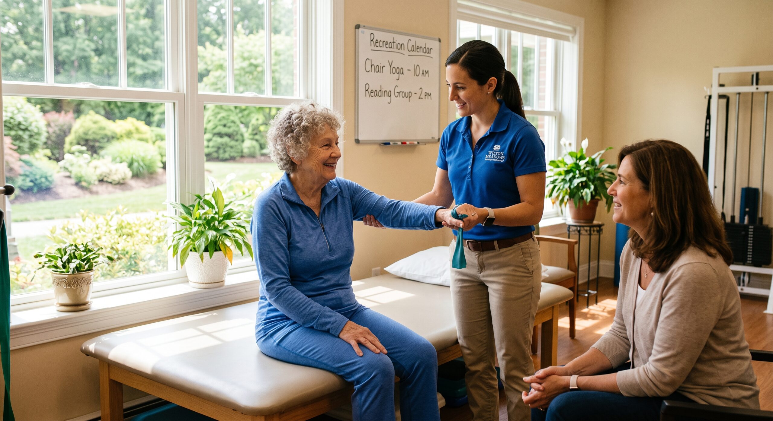 Nurse helps an elderly woman extend her arm for a routine checkup in a bright clinic room with windows and plants outside