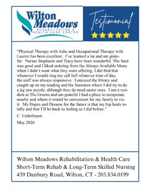 #image_title Testimonial graphic from Wilton Meadows Rehabilitation & Health Care Center with a five‑star rating, showing a resident’s praise of physical and occupational therapy and supportive staff (May 2026).
