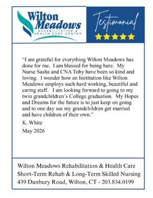 #image_title Testimonial card for Wilton Meadows with logo, five stars, and a quoted message signed by K. White (May 2026).