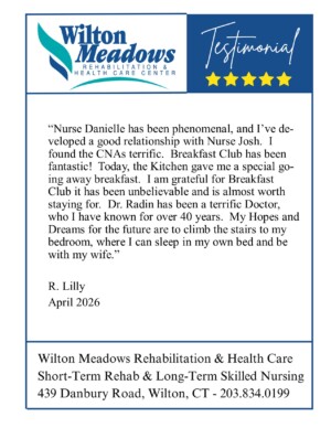#image_title Testimonial card from Wilton Meadows Rehabilitation & Health Care Center with a blue header and five gold stars; a patient praises staff (Nurse Danielle) and their Breakfast Club, signed by R. Lilly (April 2026).