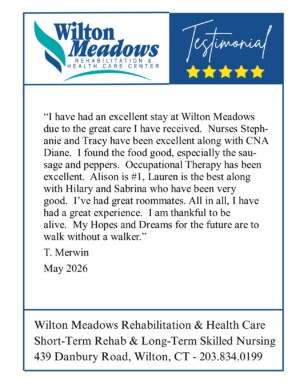 #image_title Testimonial card from Wilton Meadows Rehabilitation & Health Care Center with the logo, a blue header saying 'Testimonial' and five yellow stars, and a quoted message dated May 2026 by T. Merwin.