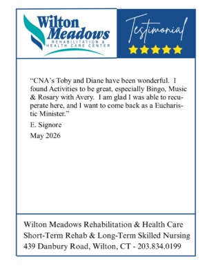#image_title Testimonial card for Wilton Meadows Rehabilitation with logo and five stars; quote from E. Signore (May 2026) praising staff and activities.