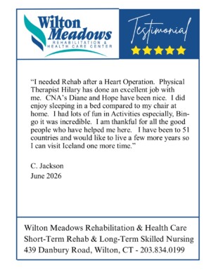 #image_title Testimonial card for Wilton Meadows Rehabilitation & Health Care Center with logo, 'Testimonial' heading and five gold stars; quote from C. Jackson dated June 2026.