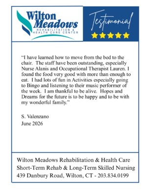 #image_title Testimonial card from Wilton Meadows Rehab and Health Care Center with logo, 'Testimonial' heading and a quote by S. Valenzano (June 2026). 5-star rating shown at top right.