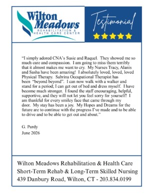 #image_title Testimonial card for Wilton Meadows Rehabilitation with quote by G. Purdy, June 2026, about positive care.