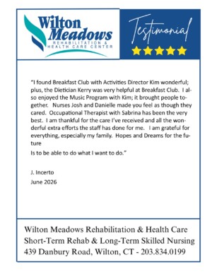 #image_title Testimonial card for Wilton Meadows Rehab & Health Care Center with logo, handwritten 'Testimonial' and five stars.