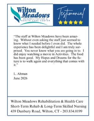 #image_title Testimonial graphic for Wilton Meadows Rehab: includes the logo, a 'Testimonial' header with five yellow stars, a quoted endorsement by L. Altman dated June 2026, and the facility address.