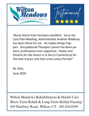 #image_title Testimonial card for Wilton Meadows Rehabilitation & Health Care Center featuring a quoted endorsement by M. Ortiz, June 2026. Includes logo and contact details at bottom.