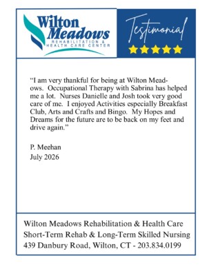 #image_title Testimonial card from Wilton Meadows with logo, quote by P. Meehan (July 2026) and address details below.