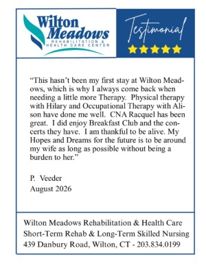 Testimonial card for Wilton Meadows Rehabilitation & Health Care Center showing a quoted statement by P. Veeder dated August 2026, with logo and five stars.