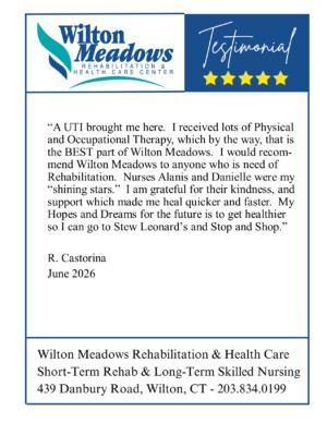 #image_title Testimonial card for Wilton Meadows Rehab with a patient quote, logo, five stars, and signer/date (R. Castorina, June 2026).