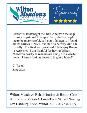 #image_title Testimonial card for Wilton Meadows Rehabilitation & Health Care Center featuring a quoted note from C. Wood (June 2026).